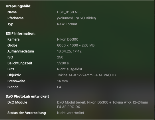 EXIF Daten der Kamera als Screenshot aus DxO Photolab heraus